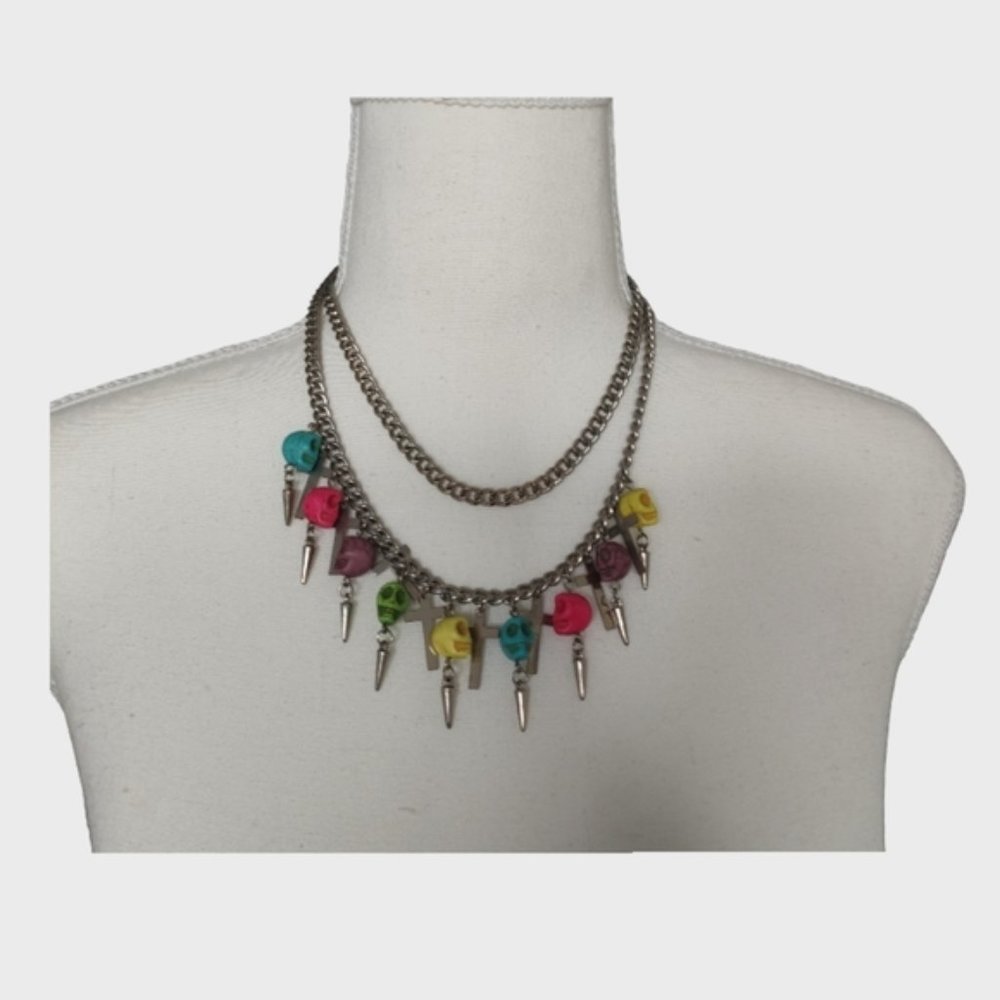 Colourful skull bead and cross charms double layered chain necklace